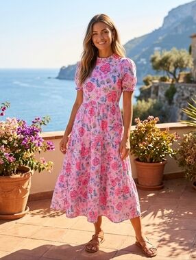 Maxxi Pink Floral Puff-Sleeve Midi Dress Size Small